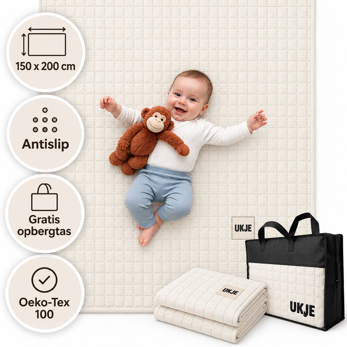 Ukje Speelmat Baby - Speelkleed Baby - Antislip - Met Gratis Tas - Speeltapijt - 150 bij 200 cm - Playmat - Babygym - Opvouwbaar - Oeko-Tex Gecertificeerd - Elegant Mist