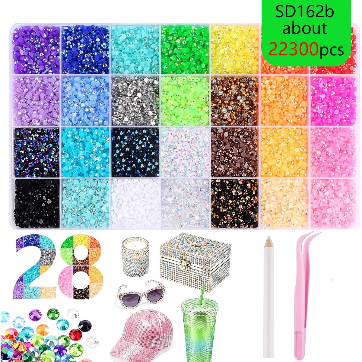 Currero Bedazzle Kit - Bedazzling - Plakstenen - Strass Steentjes - DIY Versieren - Set Met 22.300 Steentjes - 28 Kleuren - Nagel Decoratie - Met Pincet En Applicator - 3mm