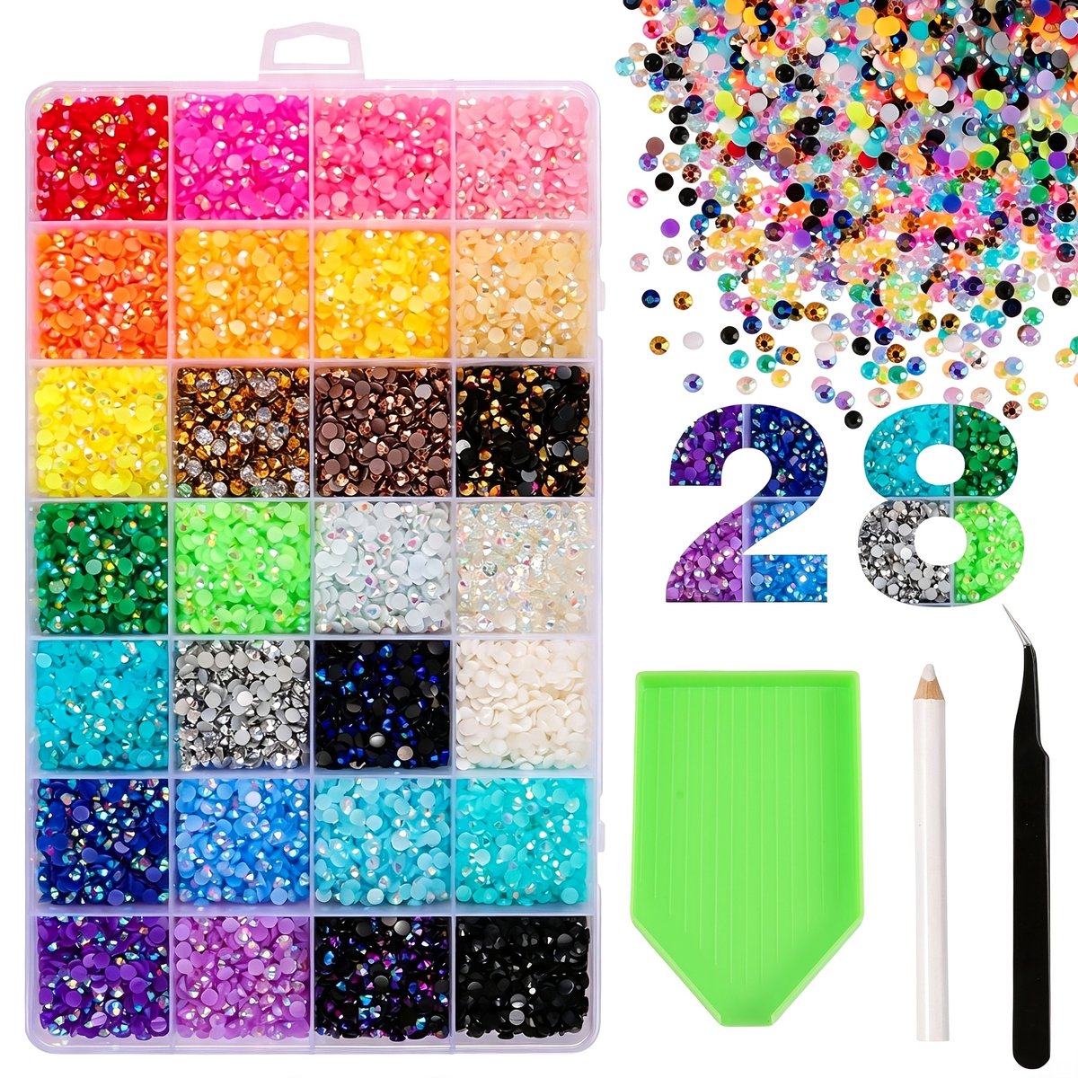 Currero Bedazzle Kit - Bedazzling - Plakstenen - Strass Steentjes - DIY Versieren - 28 Vakken Met 28 Kleuren - Nagel Decoratie - Met Pincet En Applicator - Gemengde Kleuren