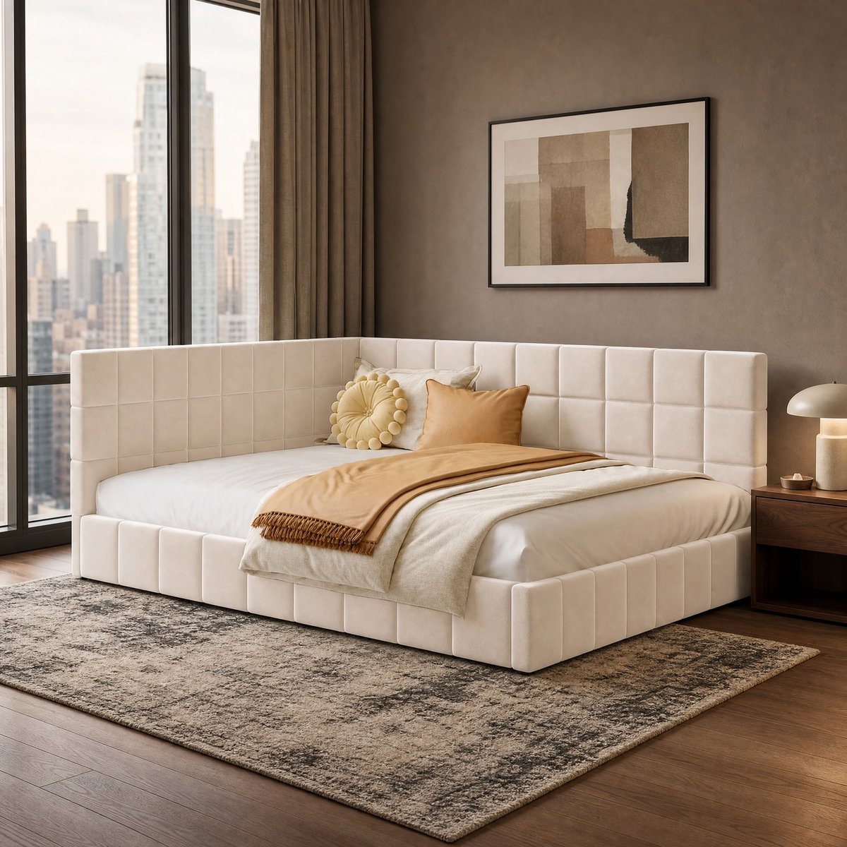 COVREO Polsterbett Slaapbank Beige 140x200 cm Tweepersoonsbed met Lattenrost - Multifunctioneel Slaapbank Bedbank
