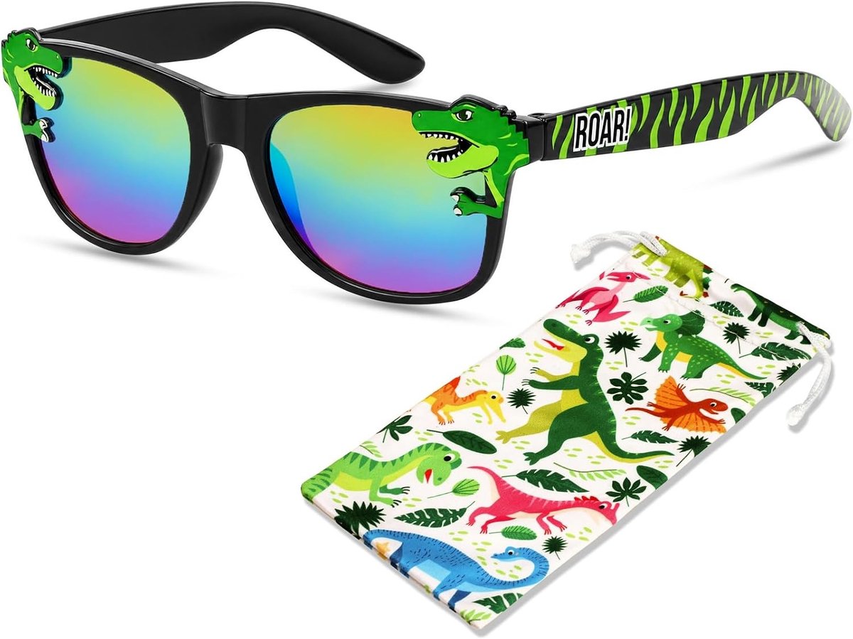 Zonnebril voor Kinderen met Dinosaurus Motief - UV Bescherming, Ideaal voor Jongens en Meisjes van 3-10 Jaar, Inclusief Brilhoes voor Zomeractiviteiten