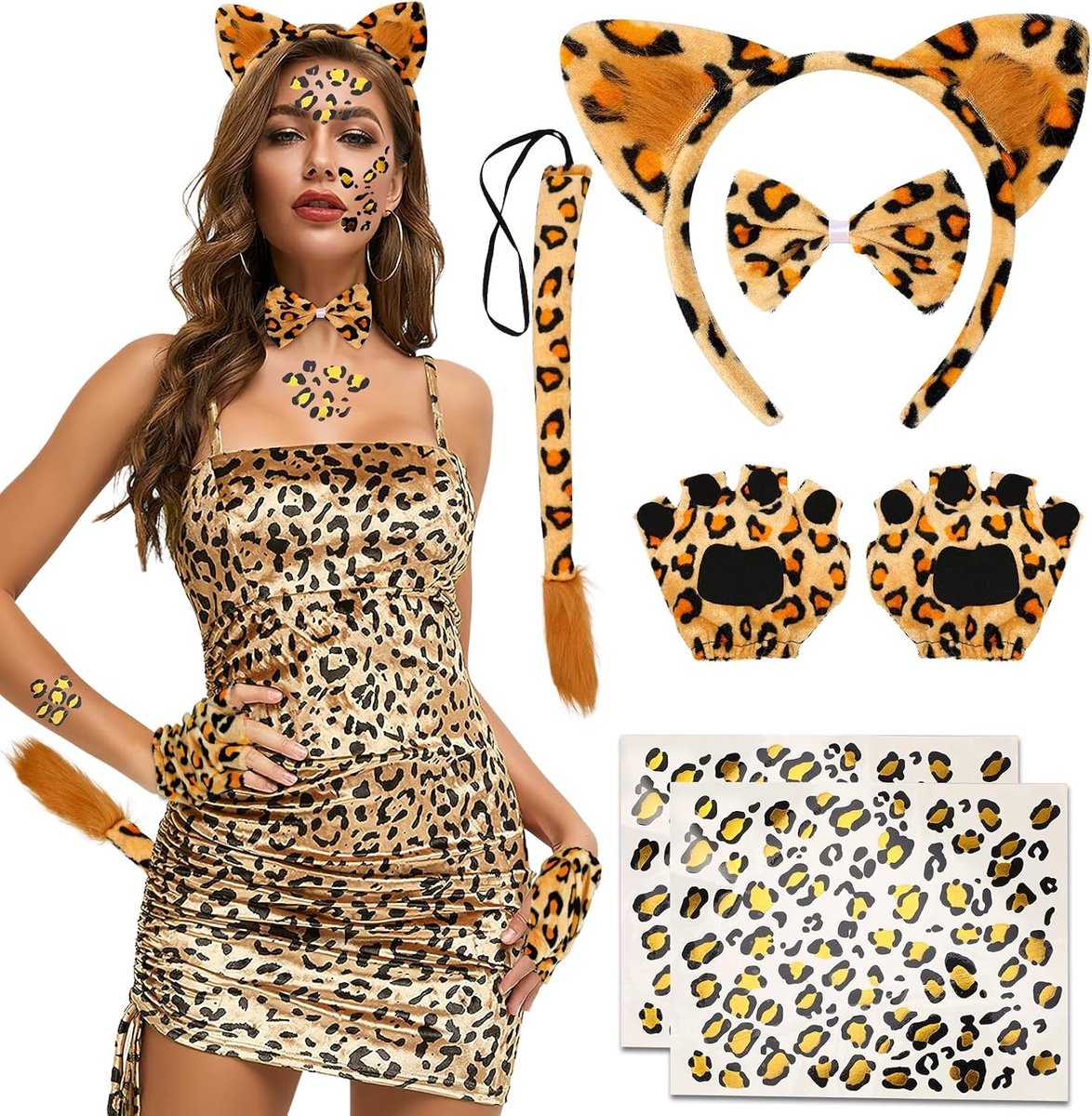 7-delige Leopard Kostuum voor Volwassenen met Oren, Strik, Staart, Handschoenen en Stickers voor Halloween en Cosplay