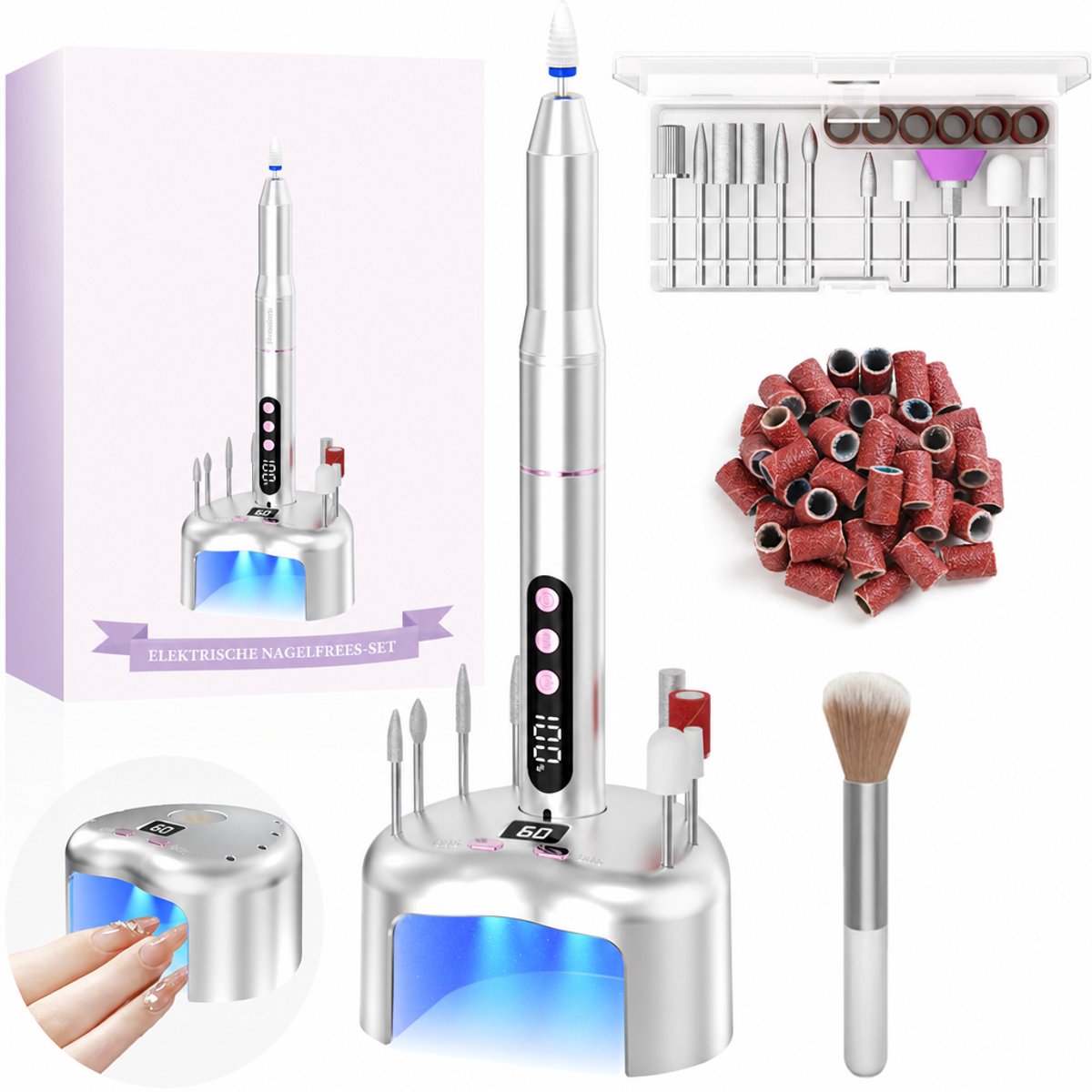 Elektrische Nagelfrees - Draadloos - 35.000 RPM - 12-in-1 - Met UV LED-Nagellamp - Voor Gel- en Acrylnagels - Manicure en Pedicure - Zilver