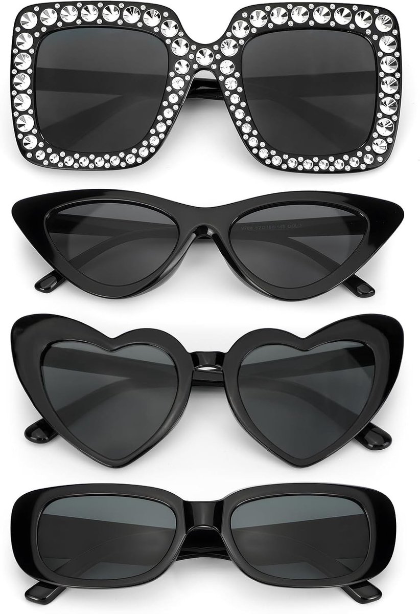 Set van 4 Pcs Roze Zonnebrillen voor Vrouwen, Retro Cat Eye en Hartvormige Brillen voor Feesten en Bruiloften, Funky Rave Accessoires