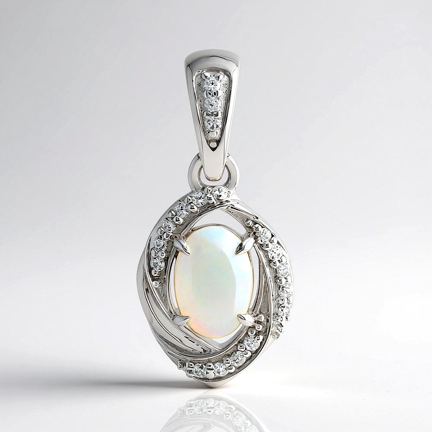 Cavill - Gouden hanger - 9K Witgoud - Mintabie Opaal 0,36 ct & Tanzanische Zirkonia 0,11 ct - Elegante ovale edelsteen hanger dames