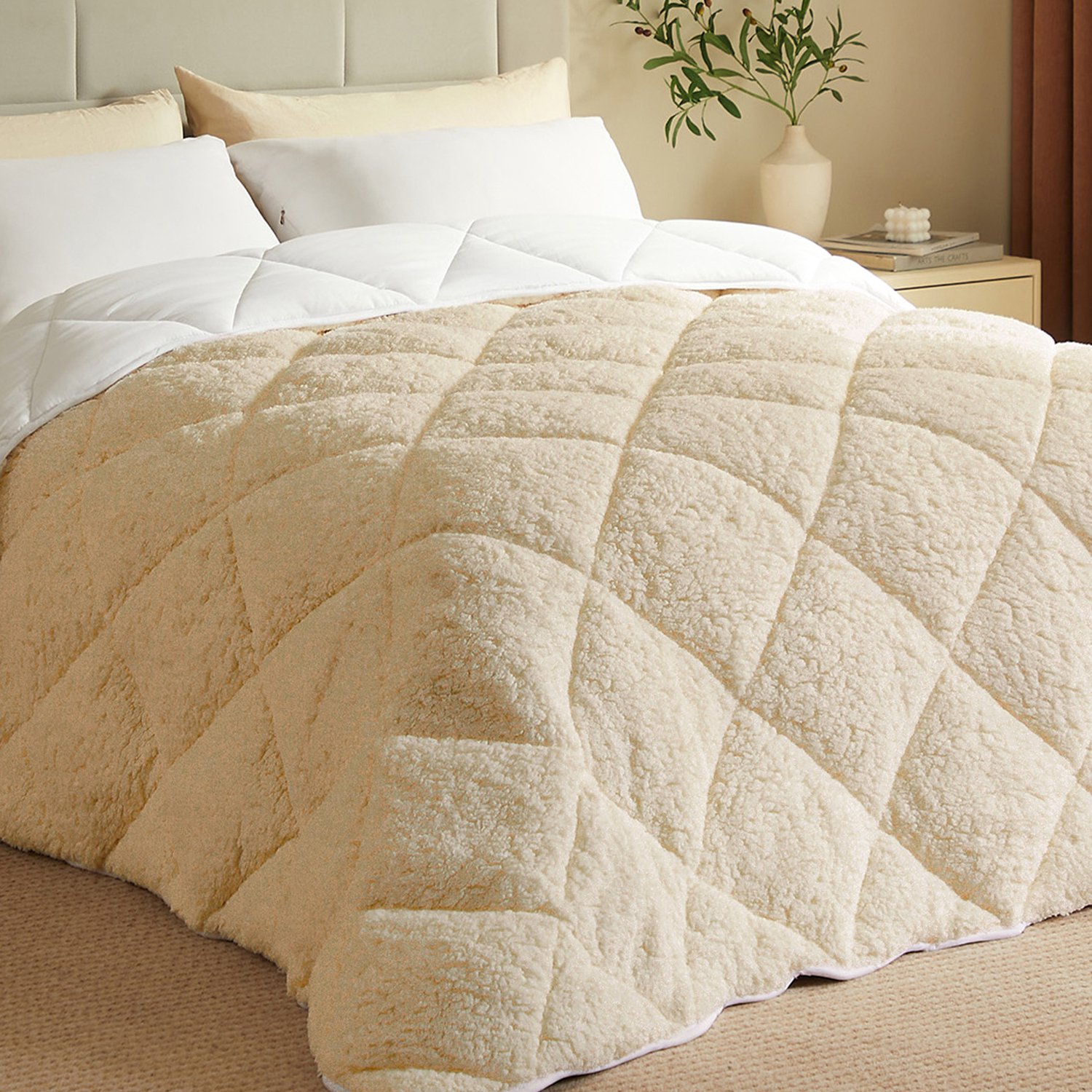 FLANDRIA Sherpa Winterdekbed Omkeerbaar 600 g/m², Extra Warm, Zacht en Pluizig, 240x260cm, 2 Personen, Taupe