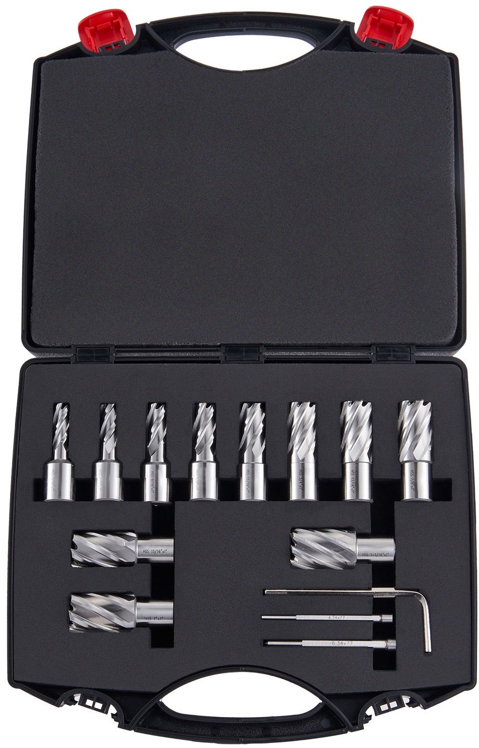 Ringfreesset- 13 stuks Weldon schacht magneetboren- 2-5 cm snijdiepte- 1-1 tot 1-2-7 cm snijdiameter- M2AL HSS- 2 centreerpinnen- inbussleutel en draagtas- voor gebruik met magneetboren.