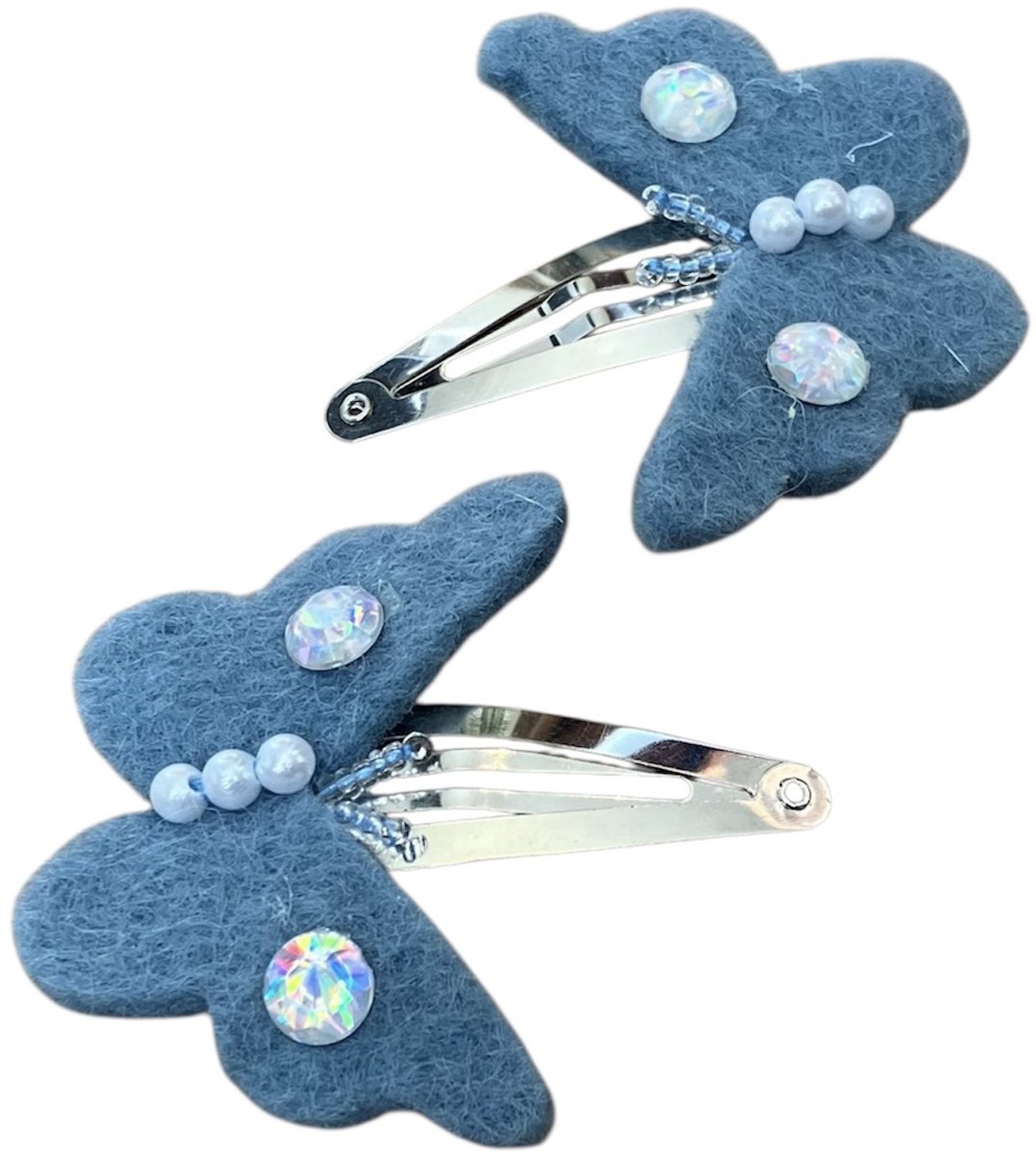 Luna-Leena duurzame haarspeldjes vlinder blauw (set) - L5cm - wol vilt - klik klak speld zilver - handgemaakt in Nepal - butterfly hair clips - haar accessoires - cadeau - feest - verjaardag - sieraad - dieren speldjes