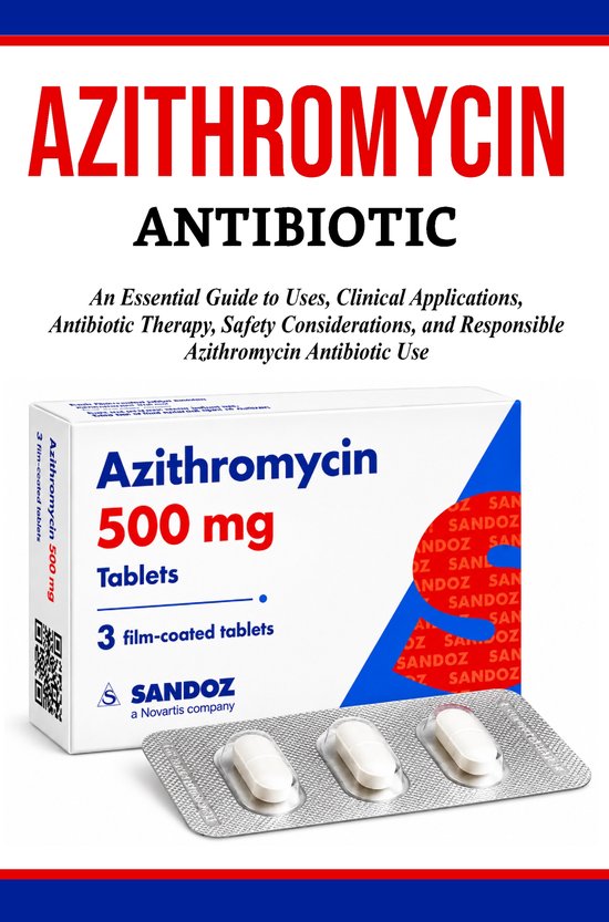 Verpakking van Sandoz Azithromycine 500 mg tabletten met een blisterverpakking met drie witte tabletten.