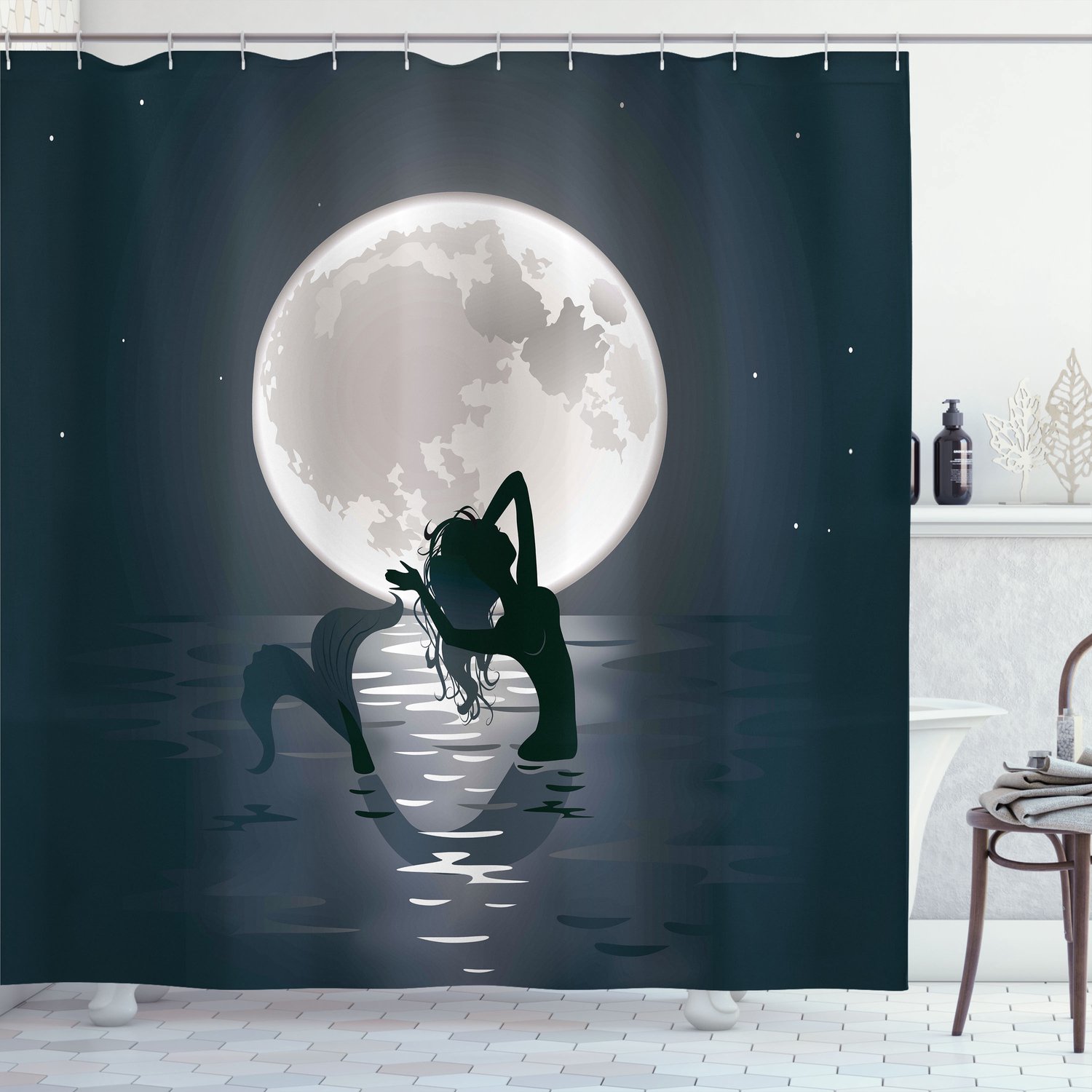 ABAKUHAUS Onderwater- Douchegordijn, Zeemeerminnen bij Nacht, Stoffen Badkamerdecoratieset met Haken, 175 x 200 cm, Zwart Grijs