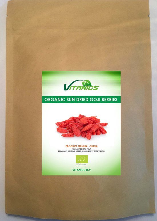 Bruine papieren zak met VITANICS logo, met daarop een afbeelding van rode biologische zongedroogde gojibessen, afkomstig uit China.