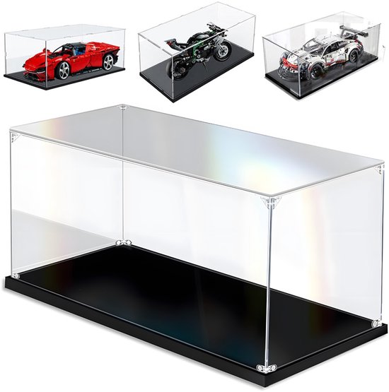 Vitrine en acrylique transparent avec base noire pour exposer divers modèles tels que des voitures de sport et des motos.