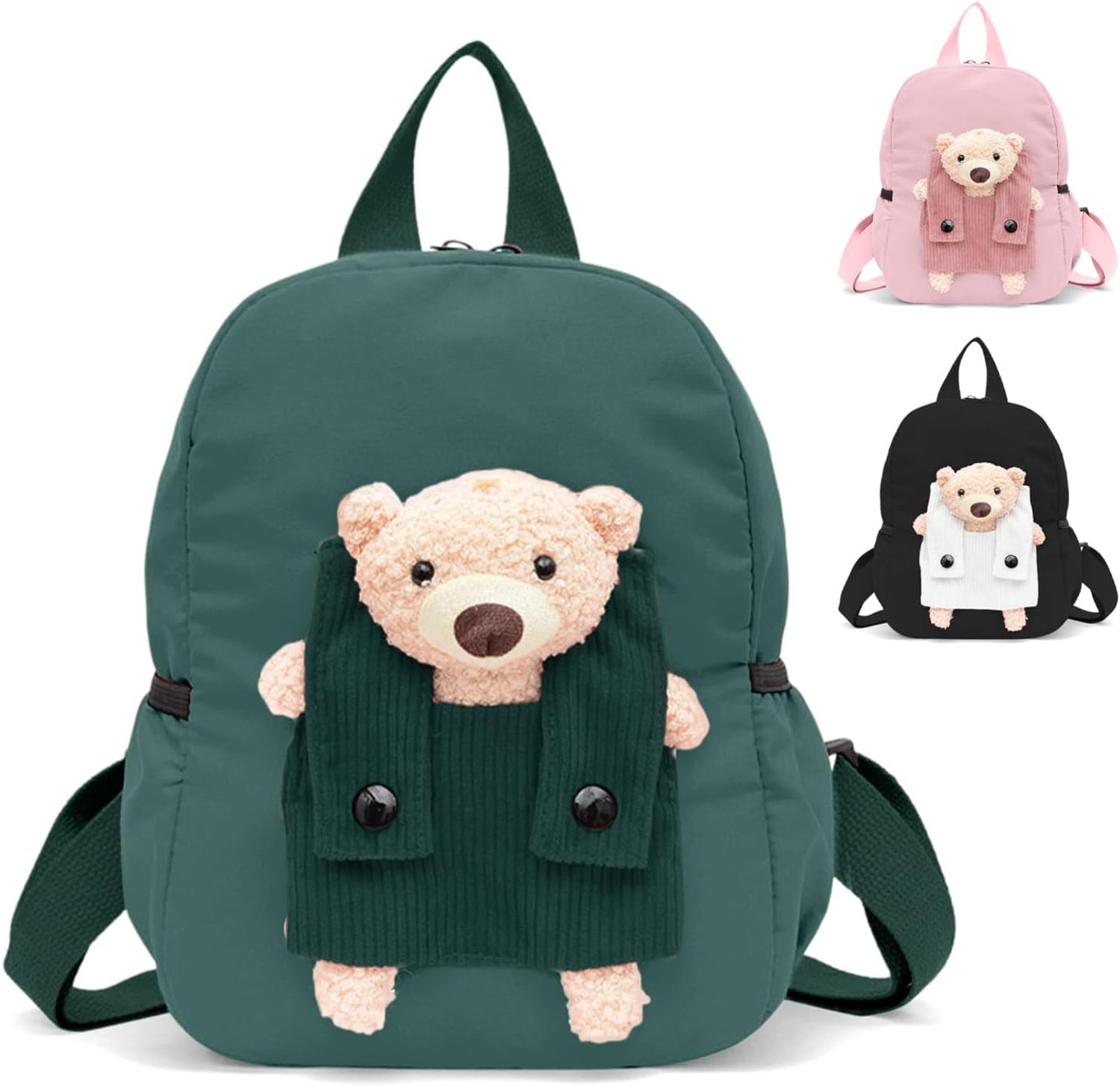 Peuterrugzak met knuffelbeer - Kinderrugzak voor kleuterschool - Rugtas voor kleine uitstapjes - Afneembare beer - Verstelbare banden met rits - Rugzak met voorvak - Groen - 27 x 21 x 10 cm