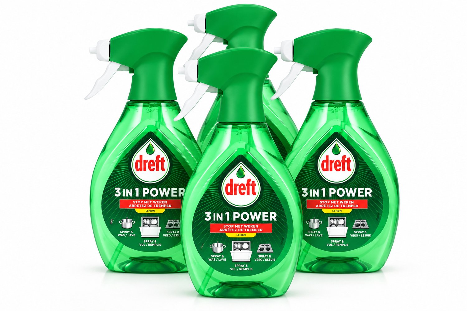 Dreft 3 in 1 Power Lemon Reinigingsspray – 4 Stuks – Multifunctionele Keukenreiniger
