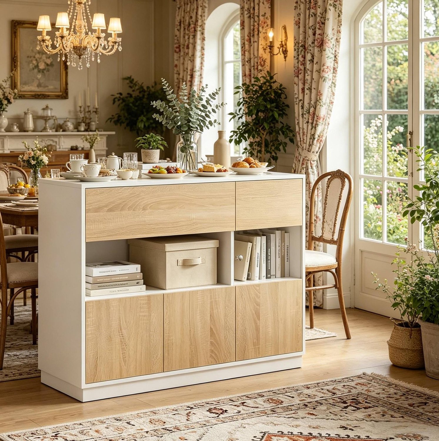 WUVRIE Dressoir 100x40x80 cm - Lade, open vak en kastdeuren - Wit/licht eiken Wit en lichte eik