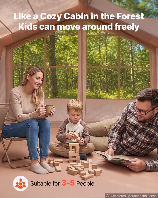 VEVOR Opblaasbare Glampingtent, Luchttent voor 3-5 Personen met Pomp, Beige, voor Buitenactiviteiten, Waterafstotend 420D Oxford-Stof, Dakraam, Opening voor Kachelpijp, Gaasraam & Draagtas — afbeelding 3