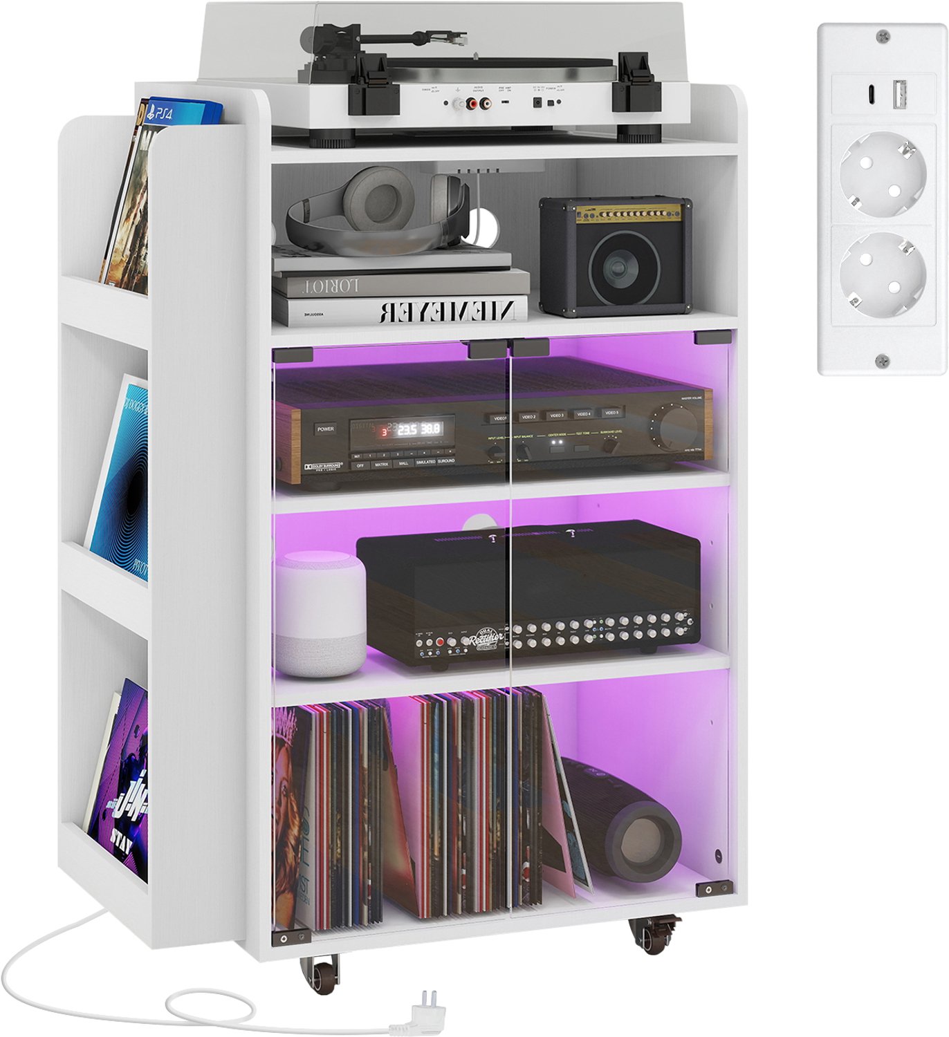 Puluomis - Platenspeler Meubel - LP-kast - Met stekkerdoos - RGB-lichtstrip - Wit