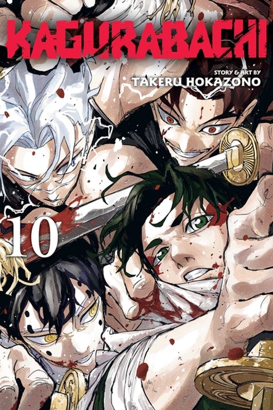 Kagurabachi deel 10 cover met bloederige actie van diverse personages met zwaarden en getekende details.