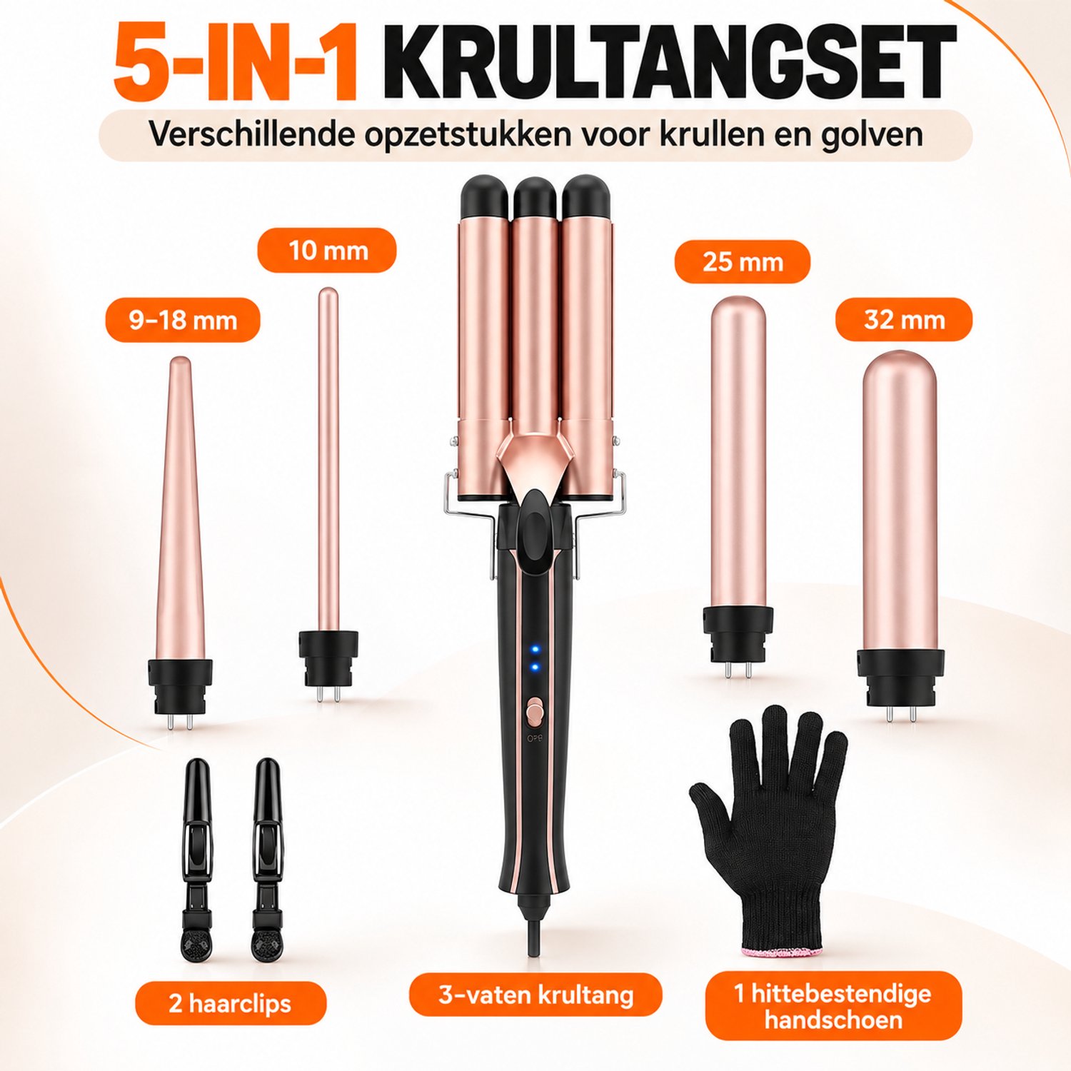 SanaVida - 5 in 1 Krultang Set - 3 Vaten Waver - 80 tot 200°C - Toermalijn Keramiek - Voor Alle Haartypes - 220-240V - 100W