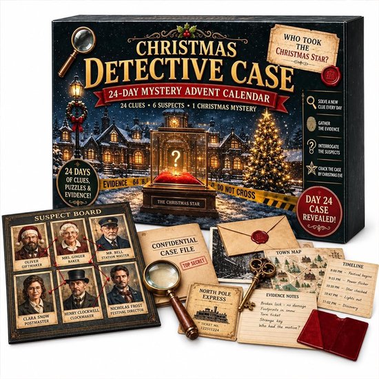 Kerst detective adventskalender met 24 dagen aan mysteries, inclusief een vergrootglas, landkaart en verdachtenbord.