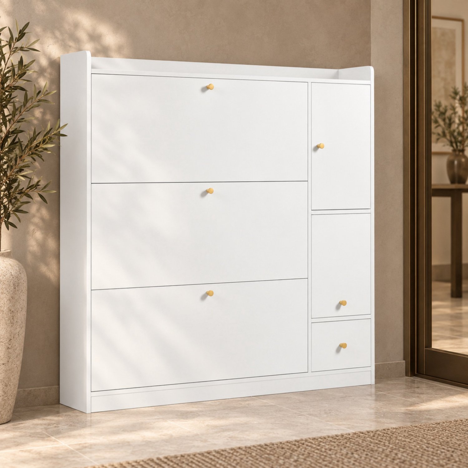LONG DRAGON – Schoenenkast – Neerklapbare zitbank, 3 kleppen en lade – Wit – 119 × 24 × 122 cm