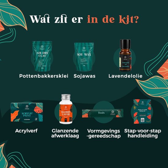Overzicht van de inhoud: klei, sojawas, lavendelolie, acrylverf, glanslaag, gereedschap en handleiding.