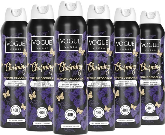Zes zwarte Vogue "Charming" deodorantbussen, 48H, met paarse bloemen en vlinders, met witte dop.