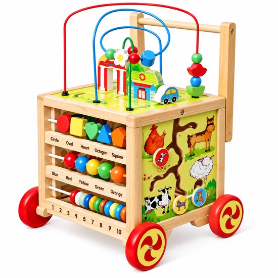 Houten loopwagen-kubus met kralendoolhof, vormensorteerder, getallen en dierenspelletjes in vrolijke kleuren.