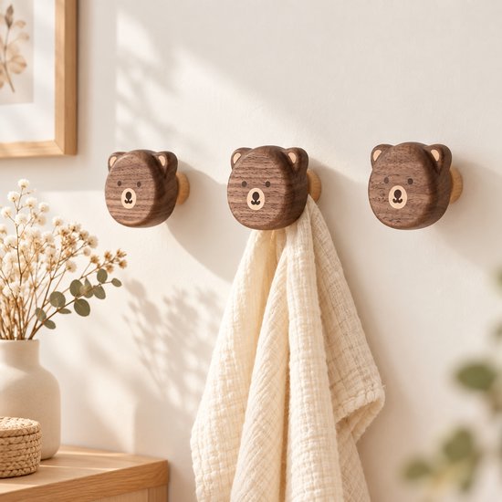 Vavida Wandhaakjes - Hout - Kinderkamer - 3 Stuks - Beer - Beertjes - Walnoot — afbeelding 3