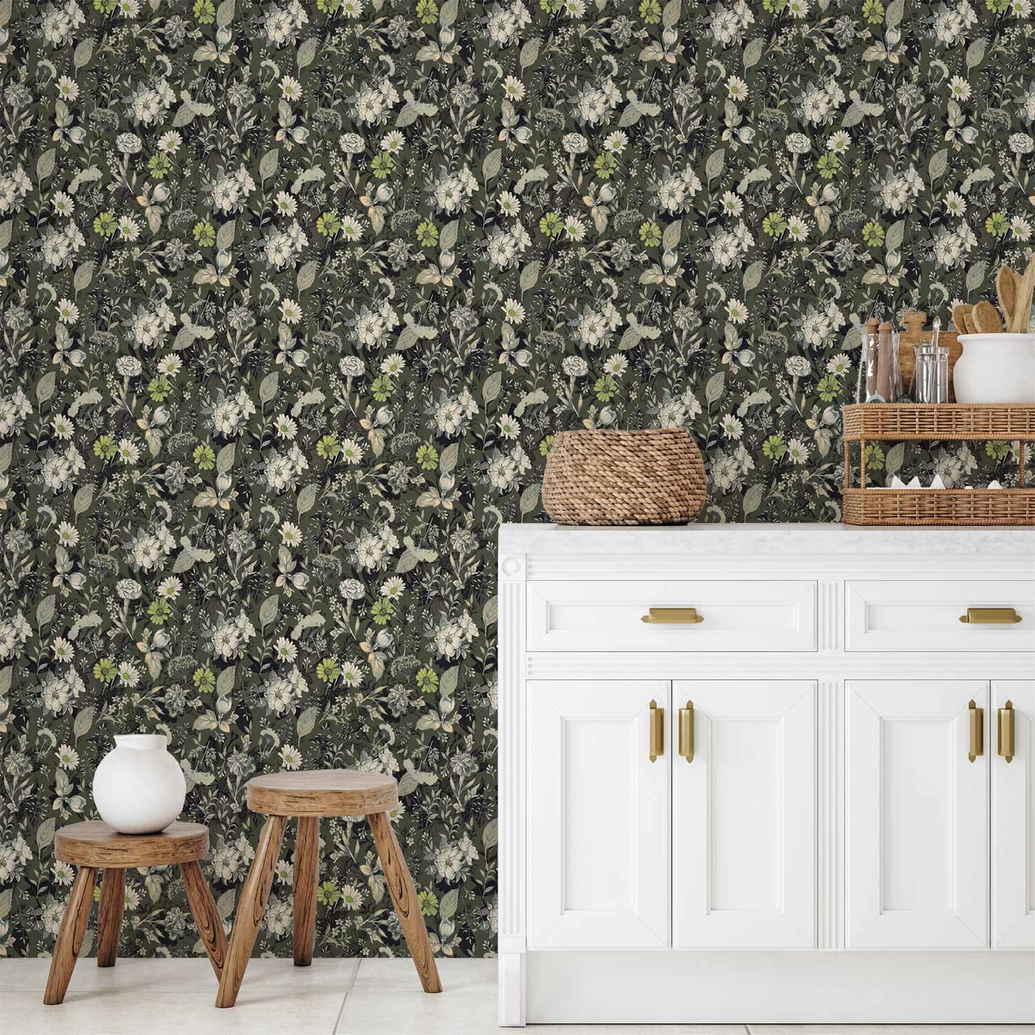 Behang - Fragrant flowers and herbs - green