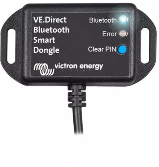 Zwarte Victron Energy VE.Direct Bluetooth Smart Dongle met statuslampjes voor Bluetooth, Error en Clear PIN.