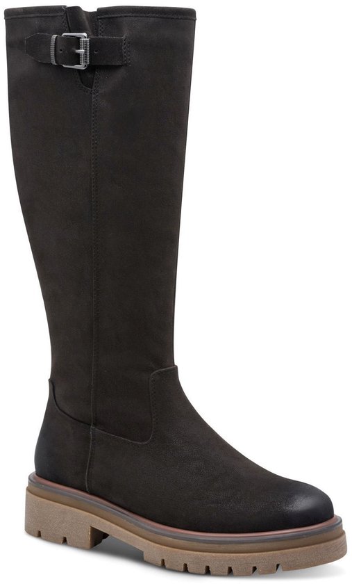 Zwarte Marco Tozzi laars met gespdetail en dikke beige profielzool.