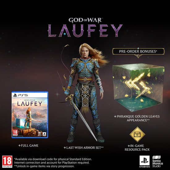 Promotiebeeld God of War Laufey voor PS5 met de game, Last Wish-harnas en pre-orderbonussen.