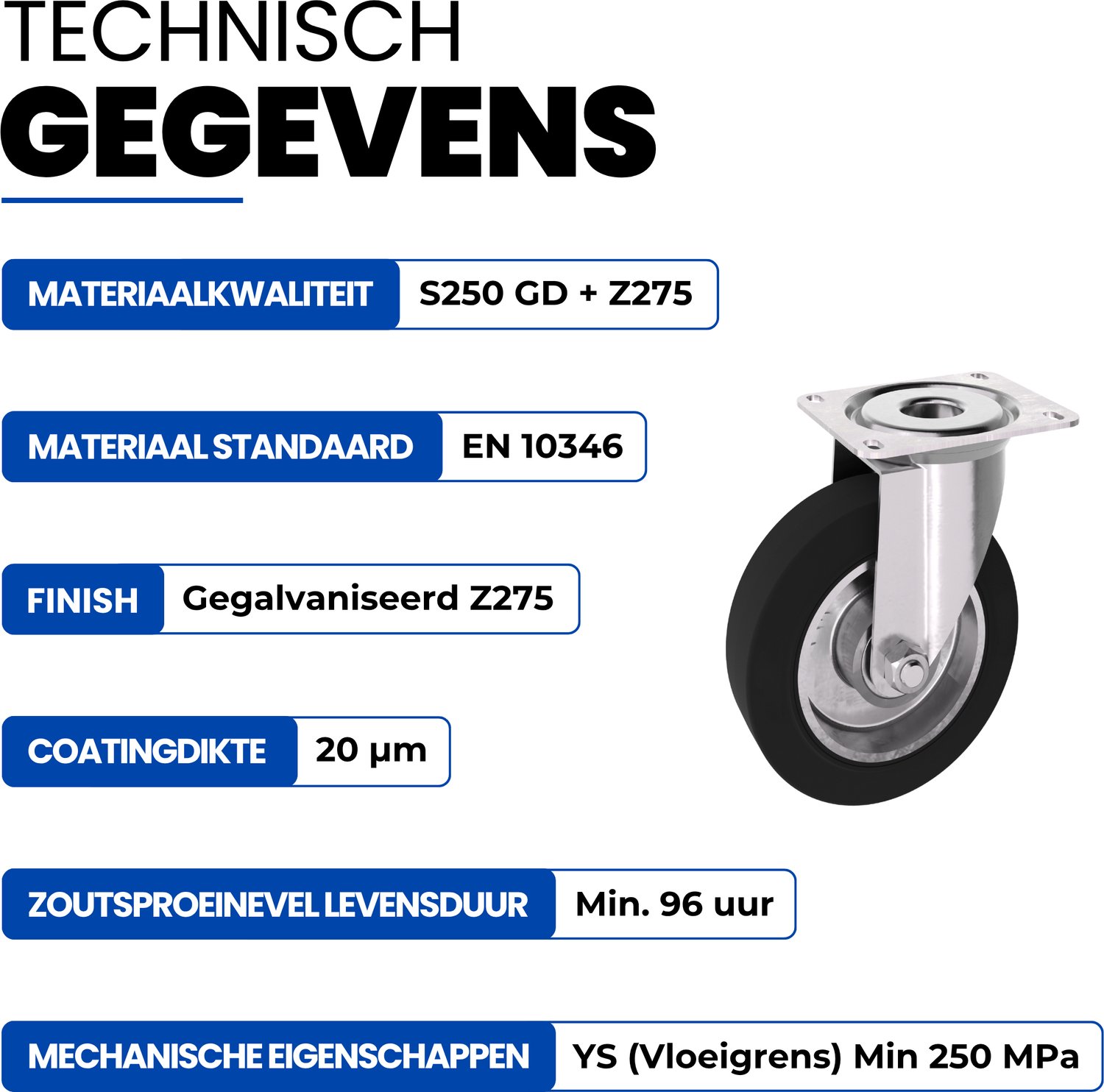 GeZu Impex Zwenkwielen 160 x 40 mm set van 8 Gegalvaniseerd Zware Zwenkwielen Industriële Polyurethaan Massief Rubber