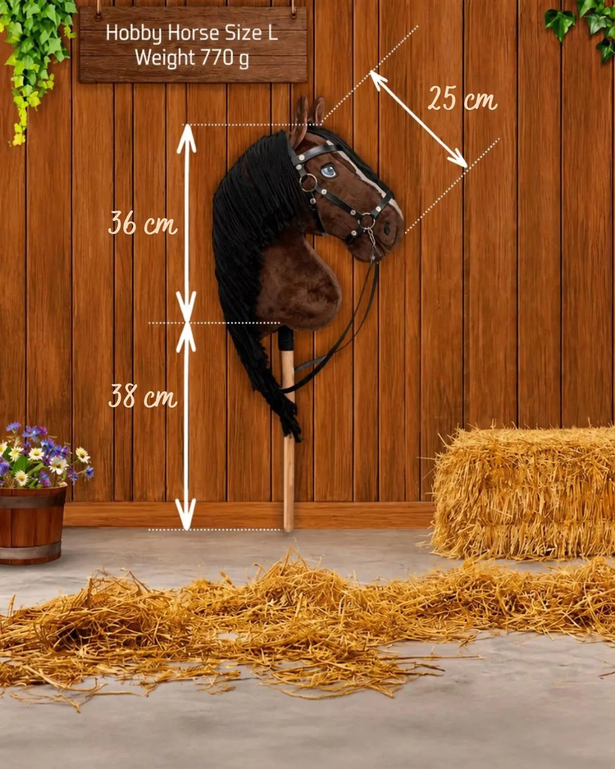 Hobby Horse Land Jump Star Bruin Paard - Maat A3 (L) - Met Gouden Halster, Hoofdstel en Rozet
