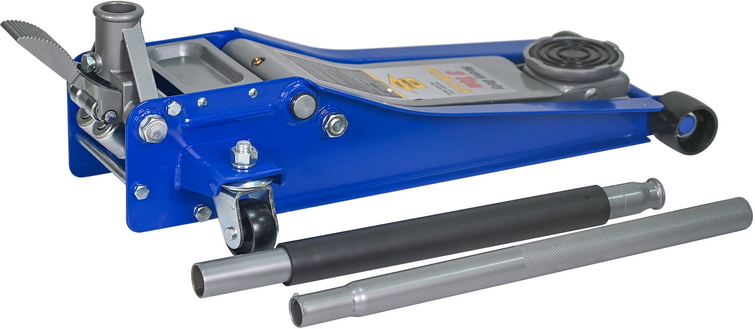 Hydraulische Garagekrik 3 Ton - Lage Autokrik Met Dubbele Pomp En Voetpedaal - Hefbereik 8,5 Tot 50,5 cm - Blauw En Zilver
