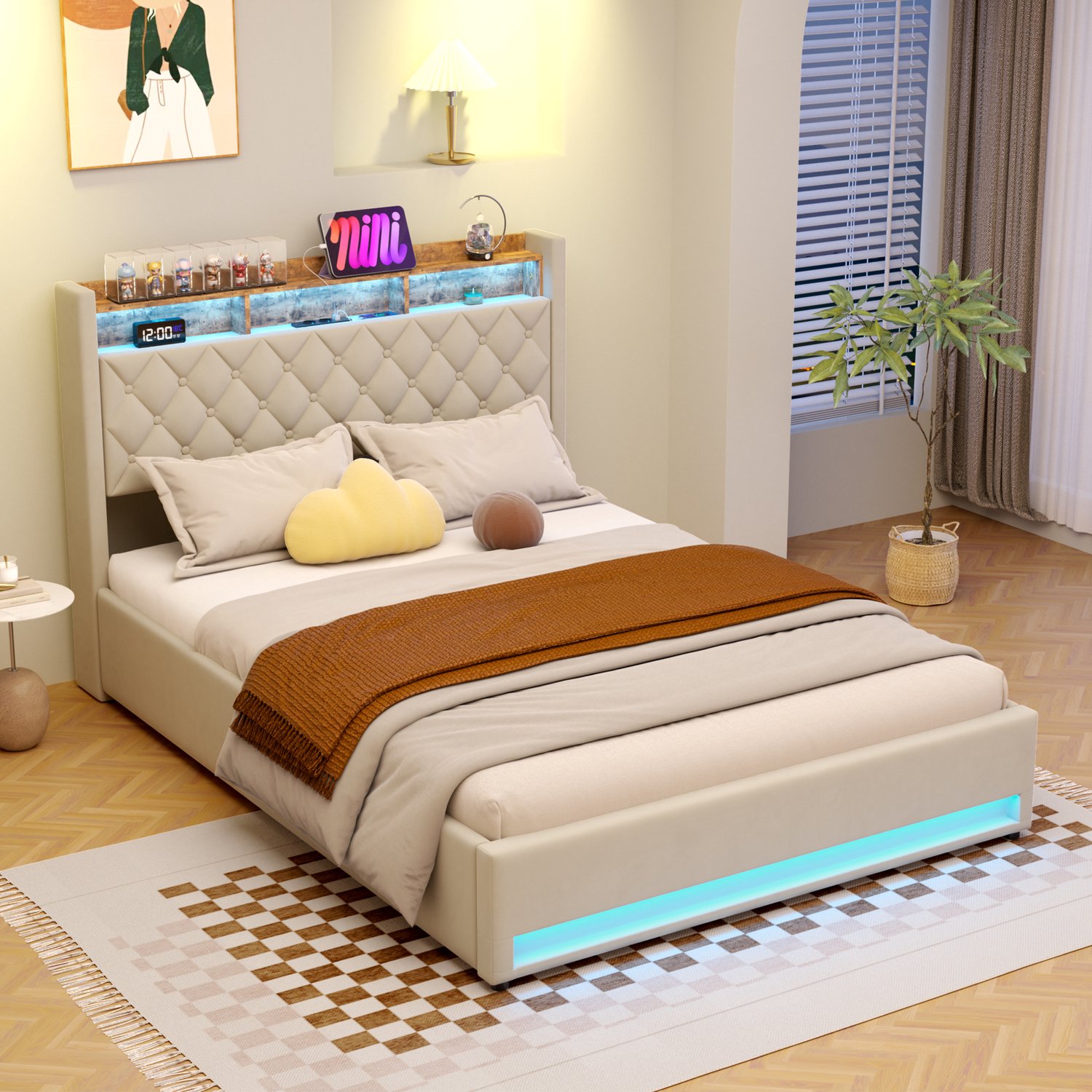 CHICFURN Gestoffeerd Bed 160x200 cm - Slaapkamer - RGB LED verlichting - Hydraulisch opbergbed - Fluweel - Hoofdbord met USB en stopcontact Beige