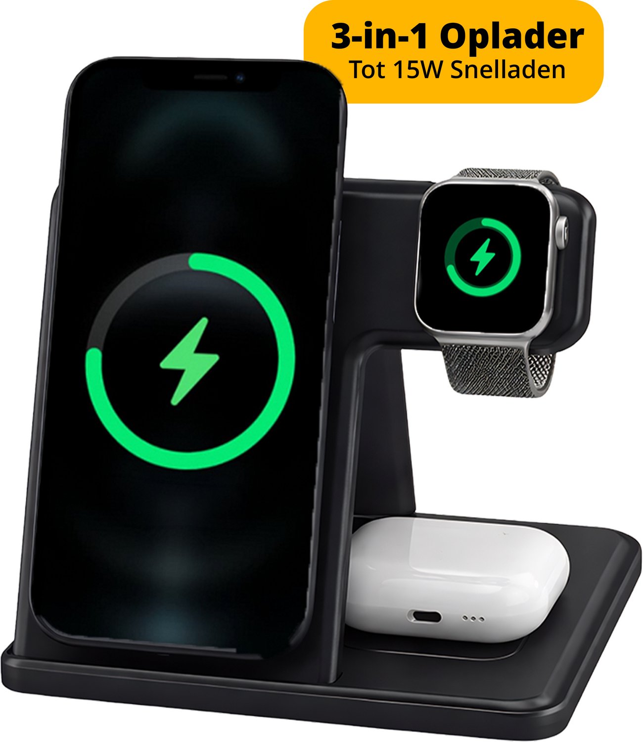 Garzini 3 in 1 Draadloze Oplader - Opvouwbaar Laadstation - Geschikt voor iPhone 12 13 14 15 16 17 18, Apple Watch, Earpods - Smartphone, Smartwatch en Oordopjes - 15W Snellader - Qi Wireless Charger - Oplaadstation - Zwart