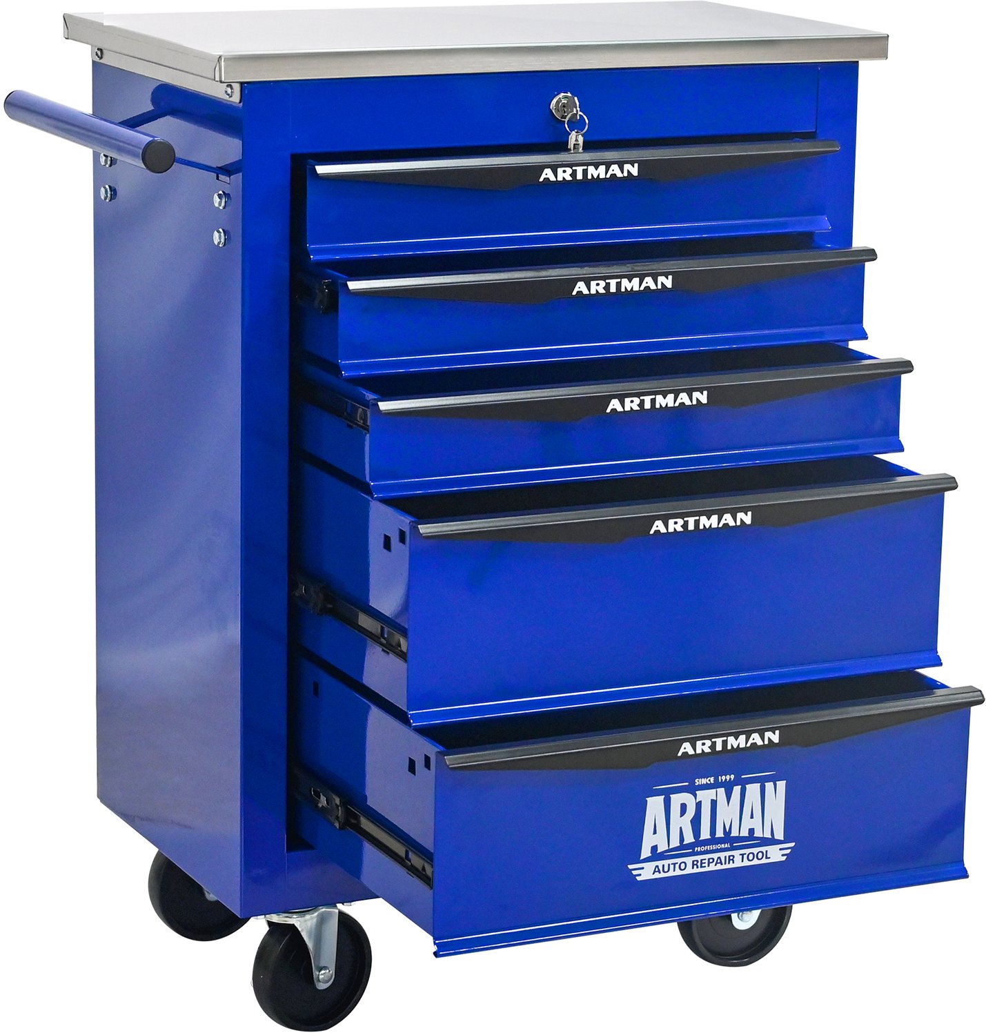 Gereedschapswagen Met 5 Laden - Afsluitbaar Met 4 Zwenkwielen En RVS Werkblad - Koudgewalst Staal - Voor Garage En Werkplaats - Blauw Zwart