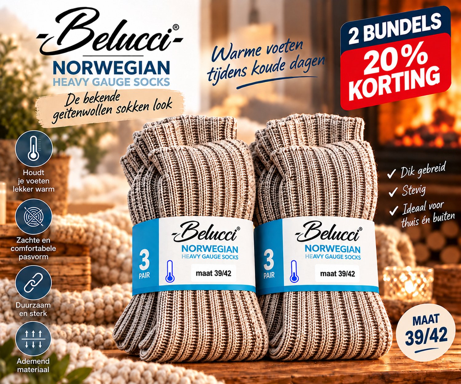Belucci Noorse Sokken – 3 Paar – Warme Dikke Wintersokken – Geitenwollen Sokken Look – Maat 39/42