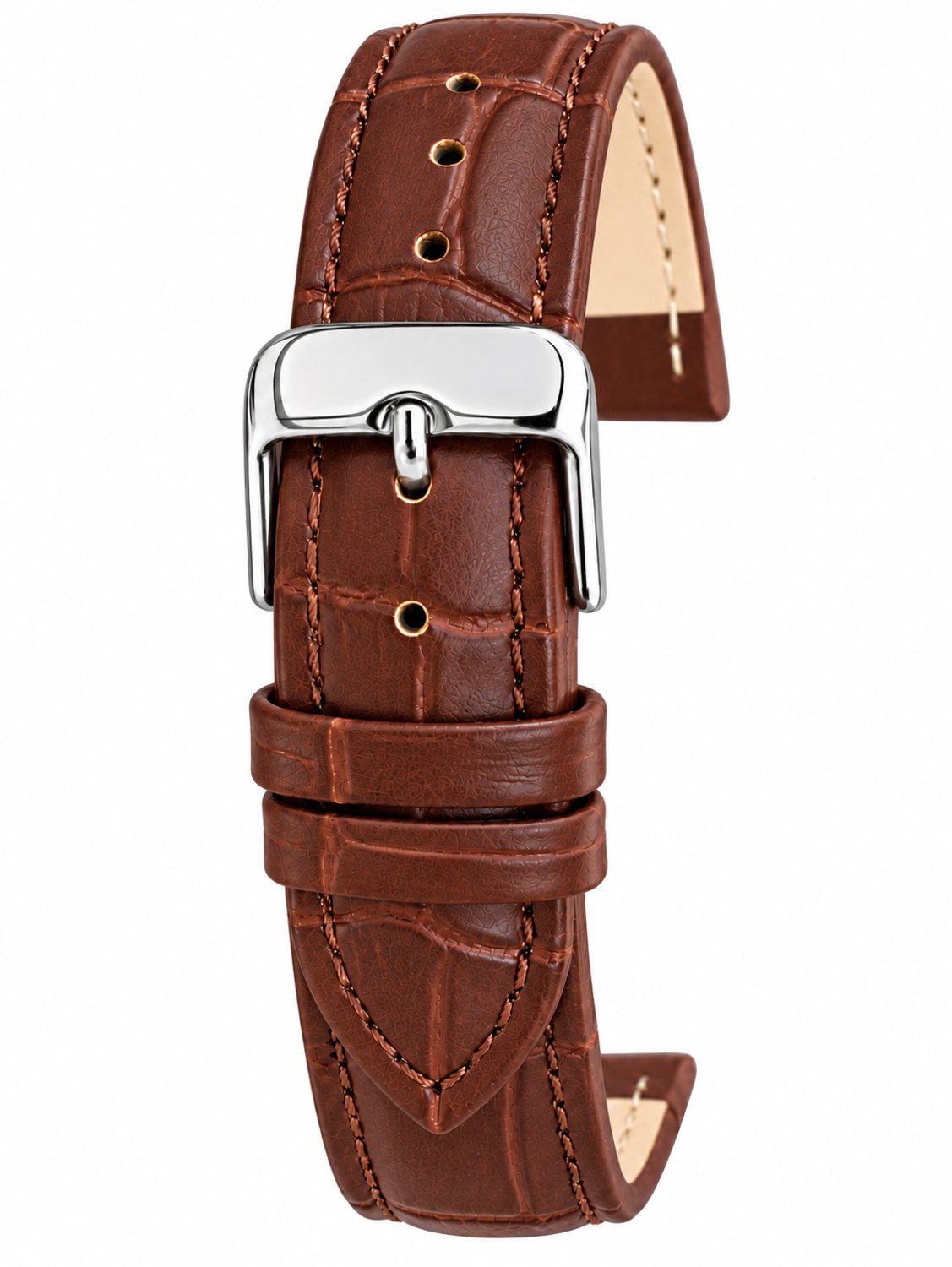 Horlogeband-Horlogebandje-18mm-Bruin-Donker Bruin-Echt leder-Gevuld-leer-Plat-Zacht-Soepel-Croco -Gestikt-Stalen Gesp-18 mm