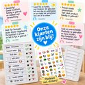 Herbruikbaar planbord met vrolijke taakstickers en vijf positieve klantrecensies over het gebruiksgemak.