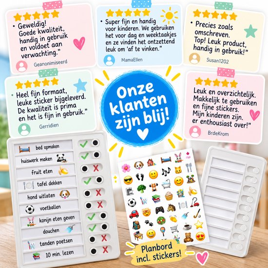 Herbruikbaar planbord met vrolijke taakstickers en vijf positieve klantrecensies over het gebruiksgemak.