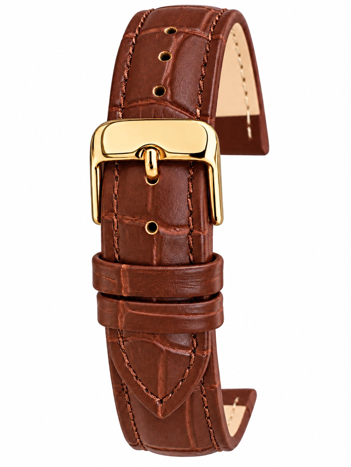 Horlogeband-Horlogebandje-20mm-Bruin-Donker Bruin-Goudkleurige Gesp-Echt leder-Gevuld-leer-Plat-Zacht-Soepel-Croco -Gestikt-Stalen Gesp-20 mm