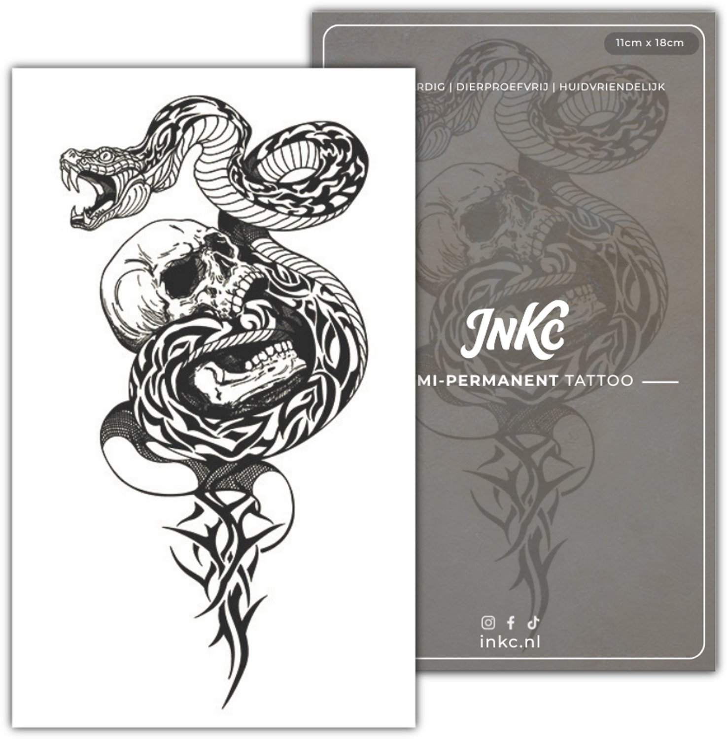 INKC - Tijdelijke Tattoo - Schedel Slang - Nep Tattoo - Plak Tattoos - Blijft tot 2 weken - 11 x 18cm