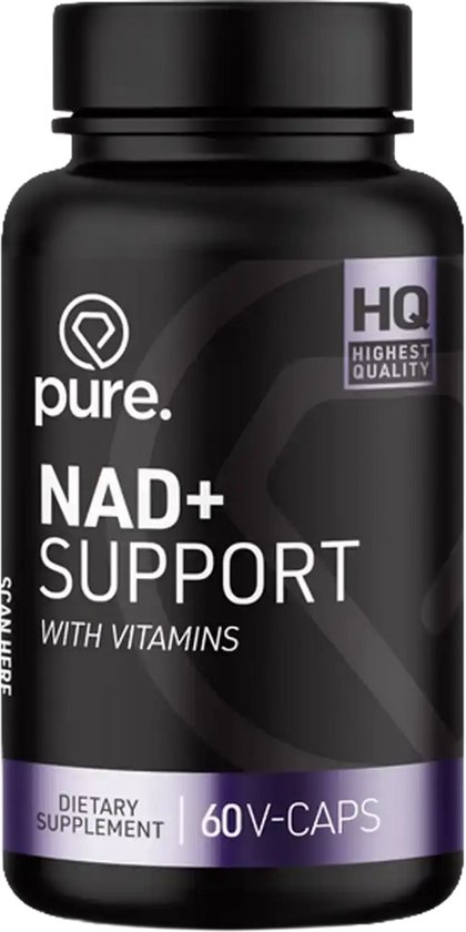 Zwarte fles Pure. NAD+ Support met 60 vegan capsules en vitamines.