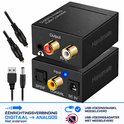 Zwarte Handmate DAC converter met 'Digital to Analog Audio Converter' tekst. Input SPDIF, Coaxial, DC 5V. Output R/L.