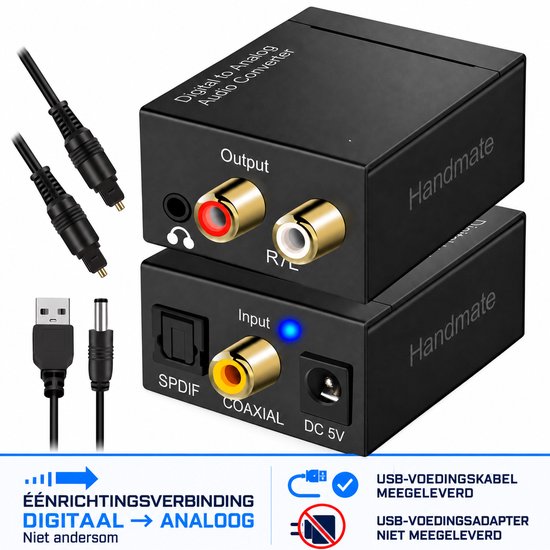 Zwarte Handmate DAC converter met 'Digital to Analog Audio Converter' tekst. Input SPDIF, Coaxial, DC 5V. Output R/L.