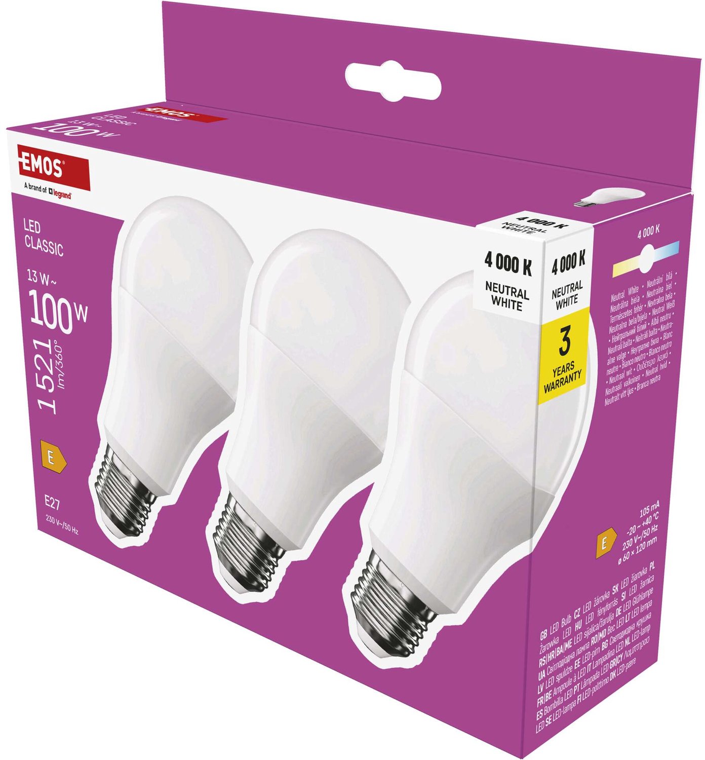EMOS LED-lamp Classic A60 / E27 / 13 W (100 W) / 1521 lm / neutraal wit / 3 stuks, ZQ5E63.3