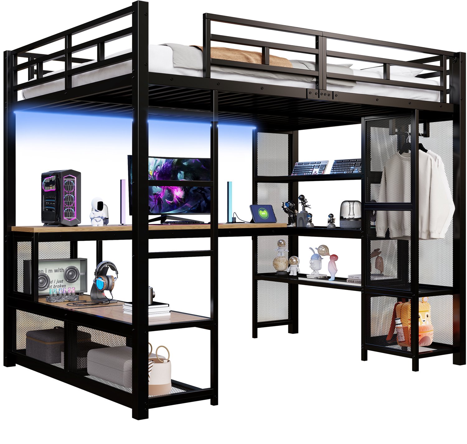 MUVANO Metalen hoogslaper 140x200 cm - met geïntegreerd bureau - opbergplanken - open kledingkast - USB-aansluiting - LED-verlichting - zwart